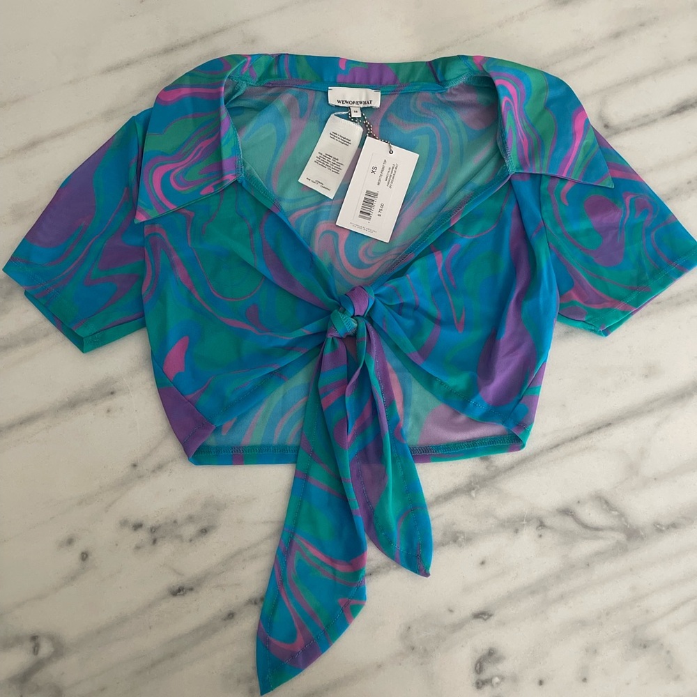 WeWoreWhat psychedelics disco mesh tie front crop top blue purple- XS